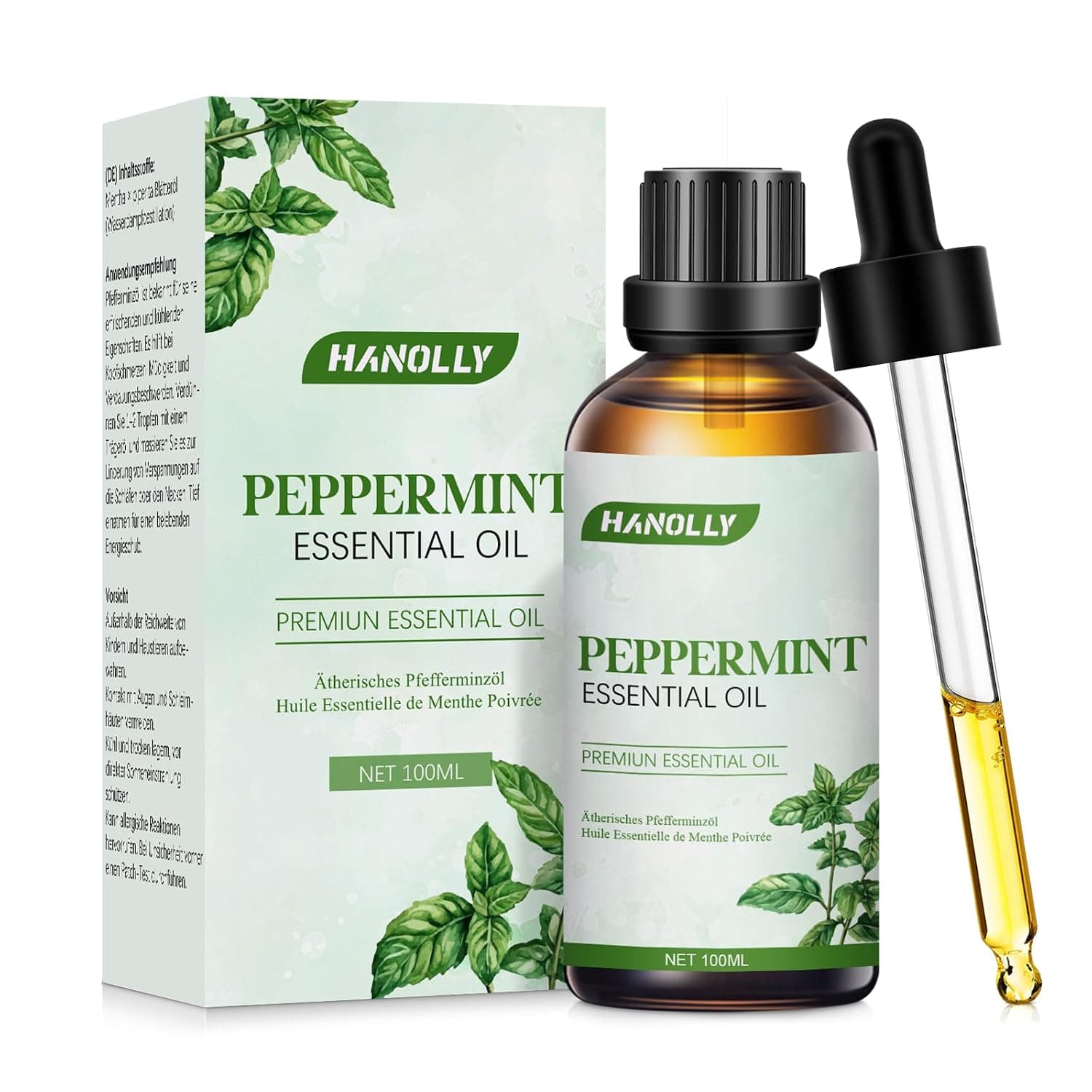 Hanolly Peppermint Oil 100 ml, Natural Essential Oil Peppermint for Skin, Hair, Aromatherapy, Diffuser, Candle Making, Headache, Fresh & Invigorating