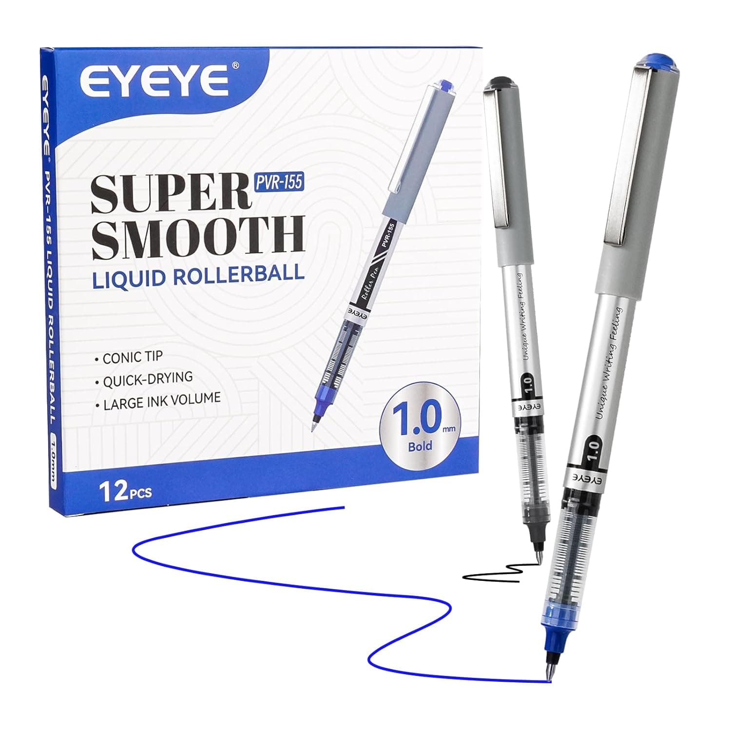EYEYE Liquid Ink Rollerball Pens, 1.0mm Bold Point Tip, 12 Pack (6 Black 6 Blue) Rollerball Pens Quick Drying, Rolling Pen Smooth Writing for Journaling, Note Taking, Office and School Supplies