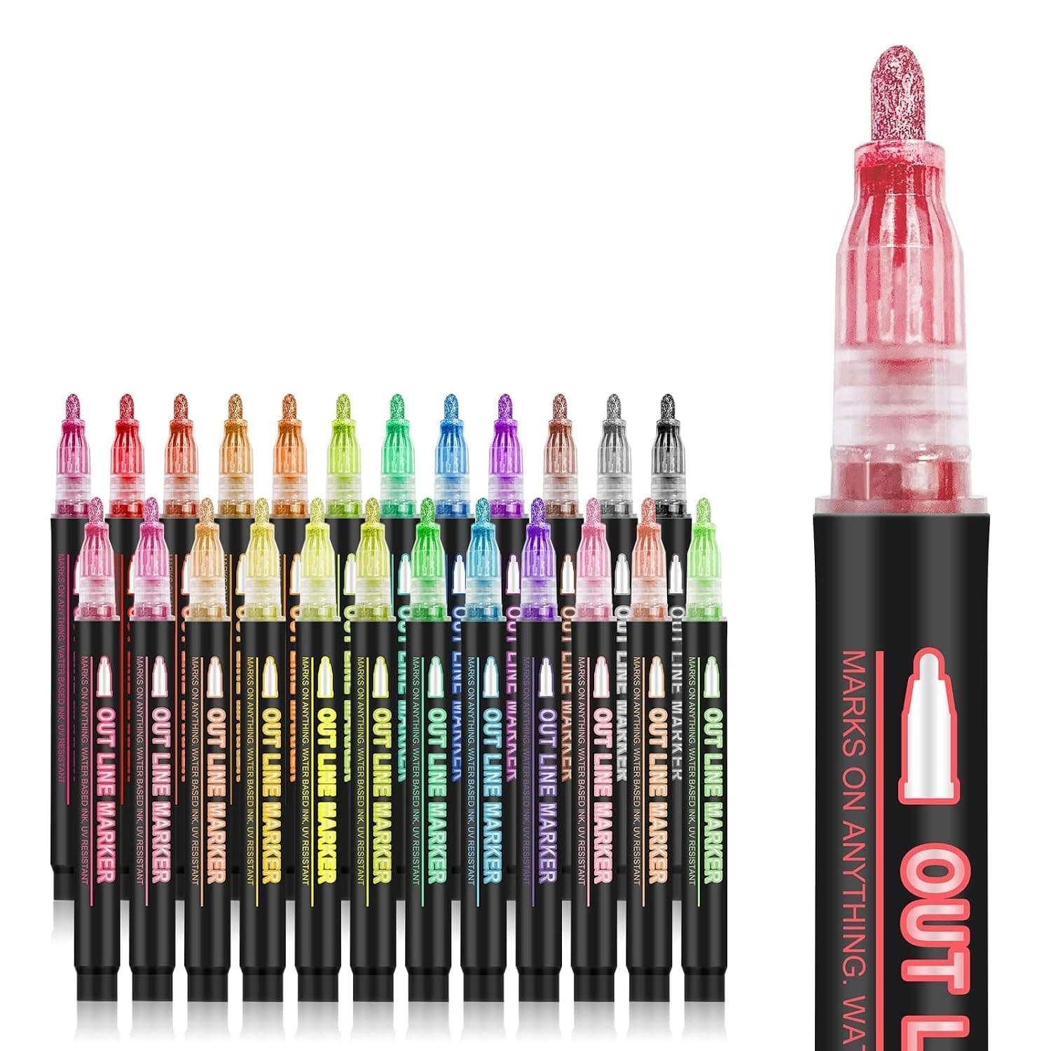 Tazweeq 24-Color Metallic Outline Markers for Kids, Double Line Glitter Pens for Drawing, Cards & Crafts, Self Outline Metallic Glitter Marker Pens for Art, Drawing, Writing, Greeting Cards, DIY