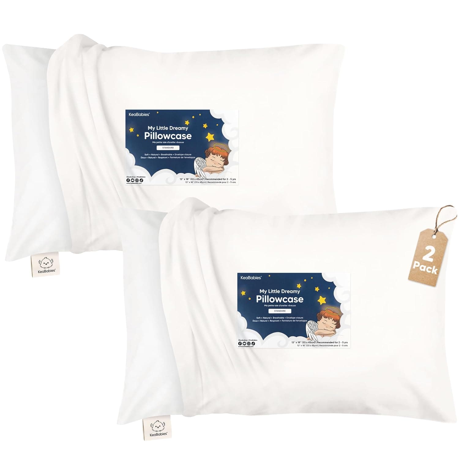 KeaBabies Toddler Pillowcase 13x18-2-Pack Organic Cotton Toddler Pillowcase for Kids, Boys, Girls, Soft & Durable Cotton Cover for Miniature Sleepy Pillows, Cute, Pillow Sold Separately (Soft White)