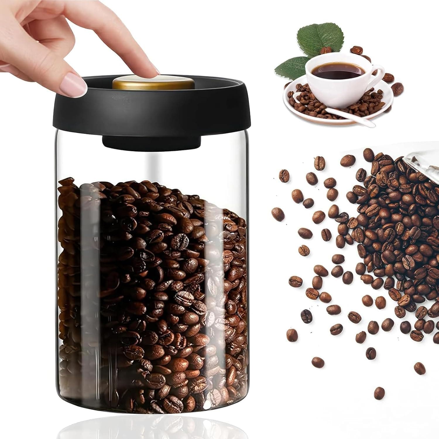 Coffee Storage Container, Vacuum Sealing for Jars, Glass Kitchen Storage Jars with Airtight Lid for Coffee Beans & Grounds, Tea, Sugar, Nuts, Spices (1200ML)