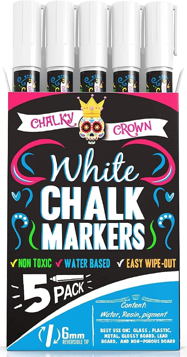 Liquid Chalk Marker Pen - White Drawing Chalk - Chalkboard Markers for Chalkboard Signs, Windows, Blackboard, Glass - 6mm Reversible Tip (5 Pack) - 24 Chalkboard Labels Included