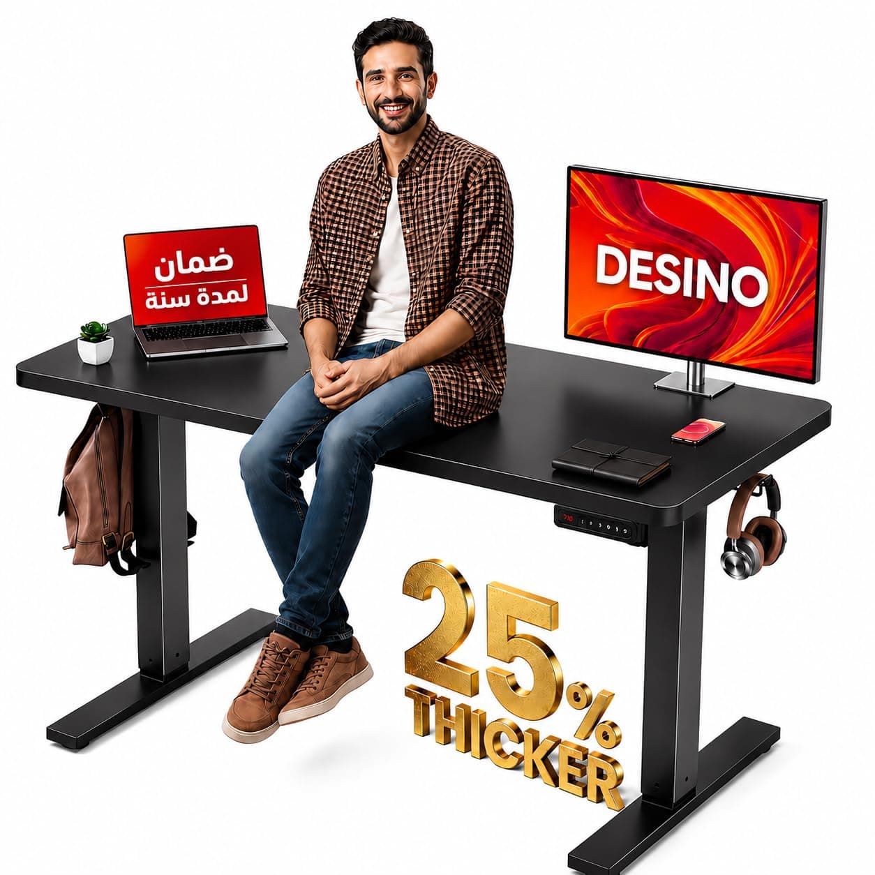 DESINO 140CM Large Electric Standing Desk, Height Adjustable Computer Desk, 60CM Deep Desktop, Stand up Gaming Office Table, 2 Preset Heights, for Home Office (Black, 140CM)