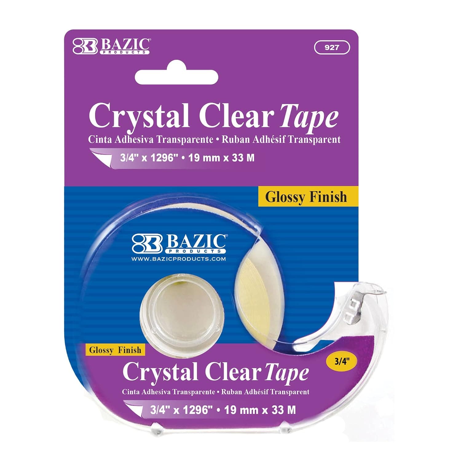 BAZIC PRODUCTS Crystal Clear Tape with Dispenser 3/4" X 1296"– for Home, Office, and School Use; Transparent Tape with Glossy Finish, Ideal for Crafts, & Gift Wrapping, 24-Pack