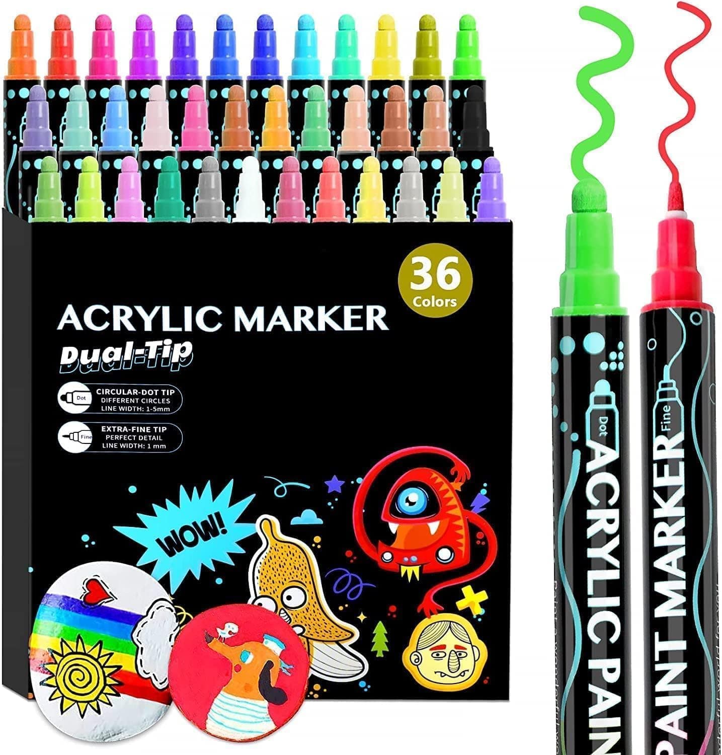 X spring Paint Markers Pens, Dual Tip Acrylic Art Set with Fine and Brush Tips, 36 Vibrant Colors, Water Based Drawing Kits for DIY Crafts, Rock Painting, Canvas, Wood, Ceramic, Glass