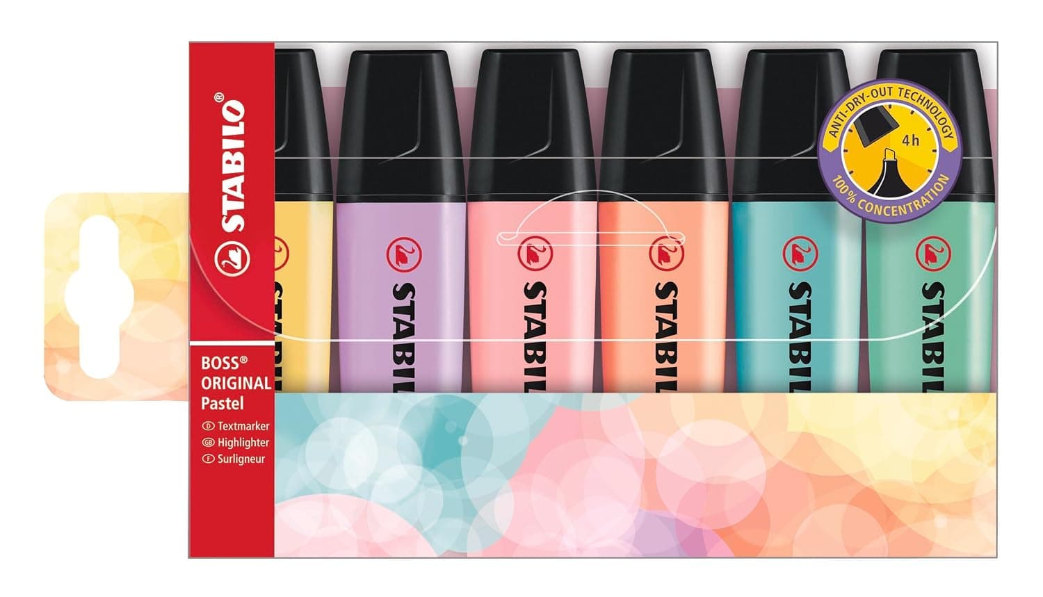 STABILO Highlighter - BOSS ORIGINAL Pastel Wallet of 6 Assorted Colours | Pack of 6, powdery yellow, creamy peach colour, rosy blush, shimmer of purple, hint of mint green, delicate turquoise