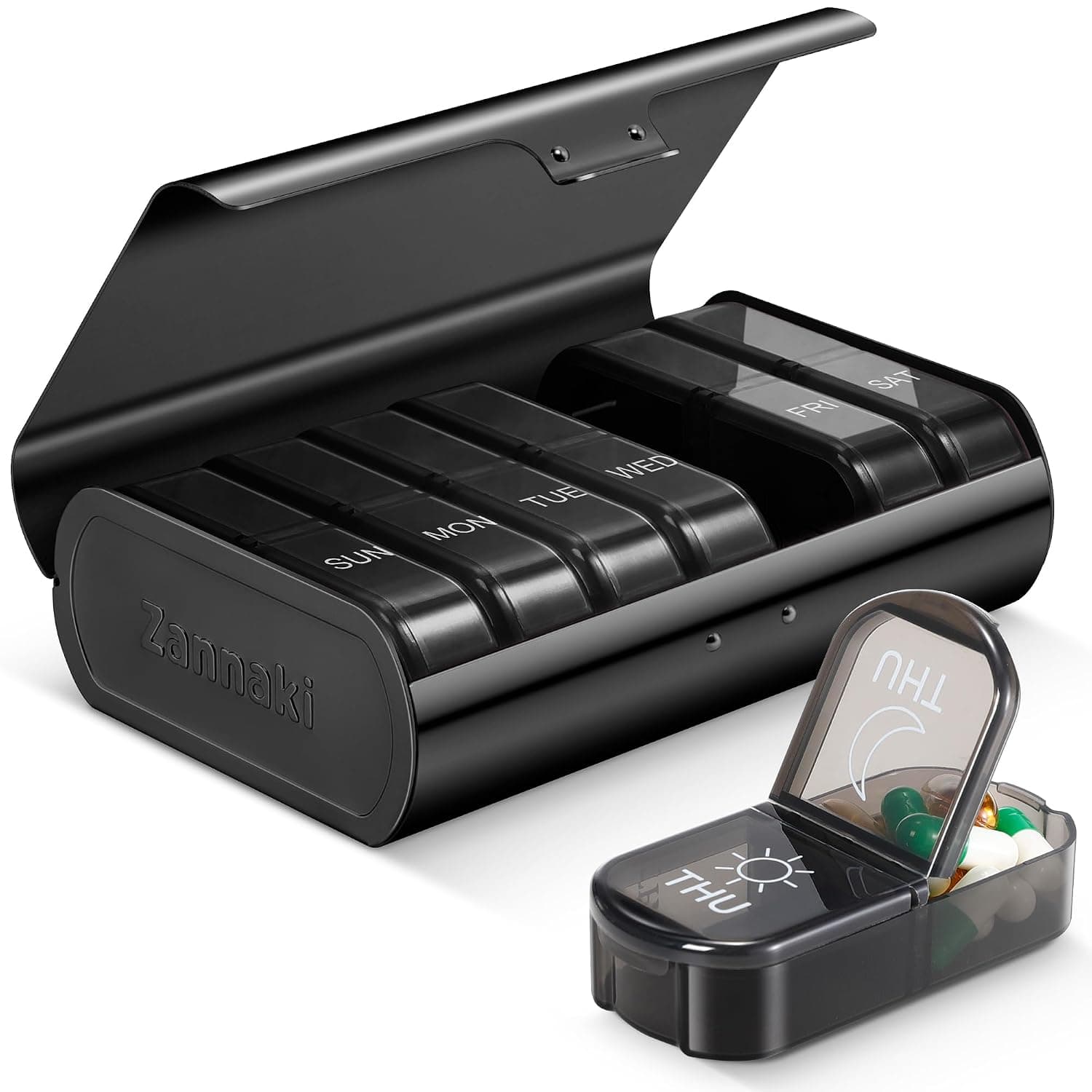 Zannaki Metal XL Weekly Pill Organizer 2 Times a Day, Large Travel Daily Pill Box 7 Day, Portable Week Twice Pill Holder Container, AM PM Pill Case for Medicine Vitamin Medication Supplement, Black