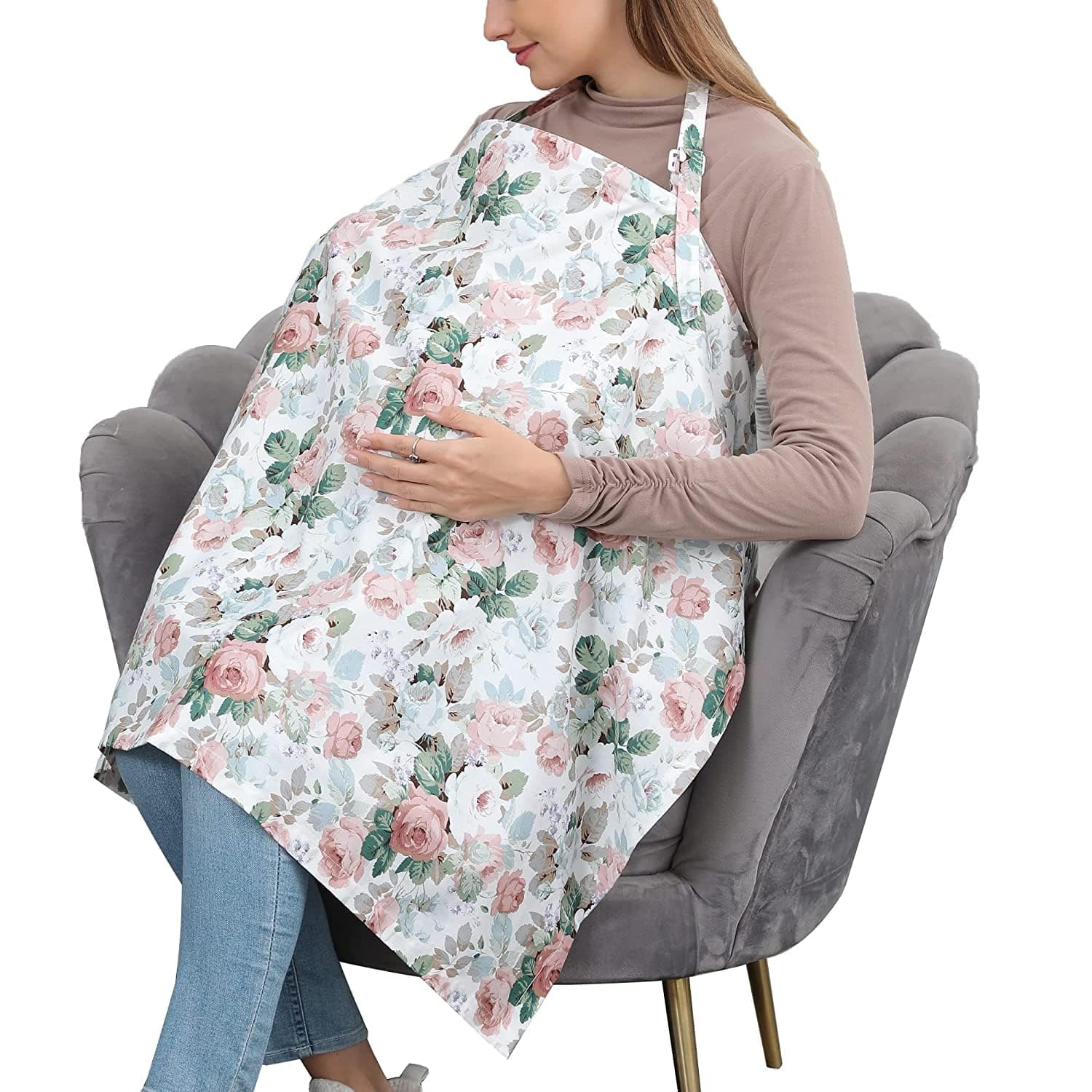 Cotton Nursing Cover for Breastfeeding, Multipurpose Breathable Mother Breastfeeding Cover, with Adjustable Neck Strap, Soft and Breathable, Easily to Care for Your Baby, White Flower