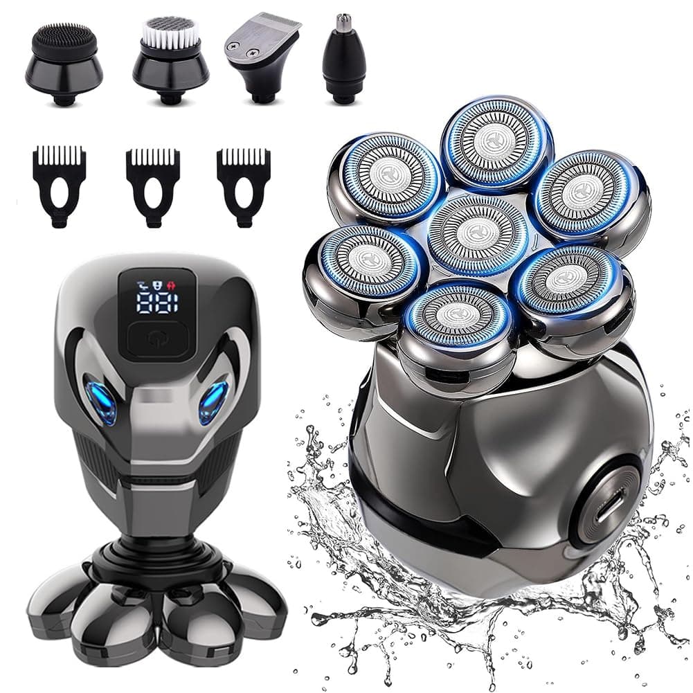 ماكينة حلاقة كهربائية دوارة لاسلكية 5 في 1 متعددة الوظائف للرجال لحلق الرأس أصلع، مقاومة للماء وقابلة لإعادة الشحن عبر منفذ USB C، مع أداة تشذيب شعر اللحية والانف وفرشاة تدليك لتنظيف الوجه