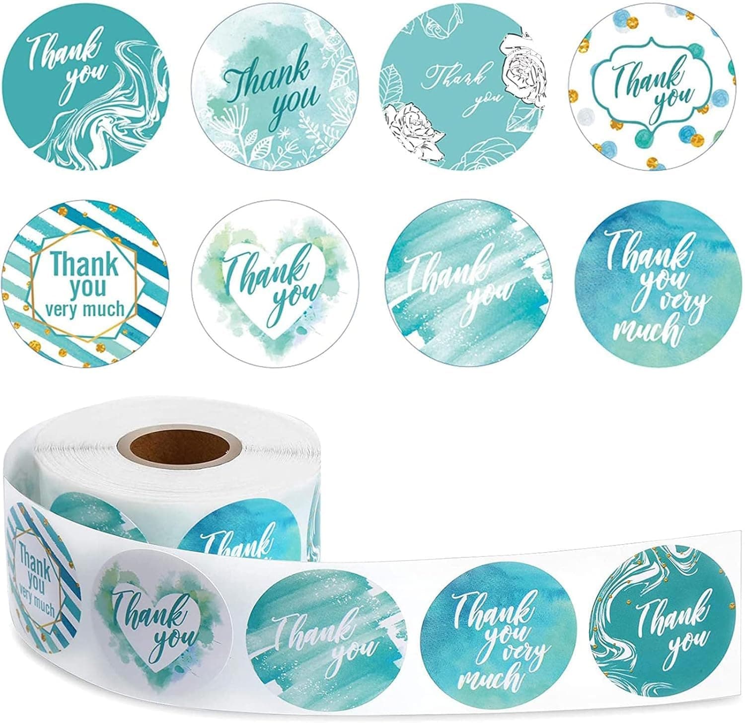 X spring Thank You Adhesive Stickers, 500PCS Blue Watercolor Stickers with 8 Styles Design, 3.8CM Thank You Labels Roll for Small Business, Wedding Favors, Birthday Party, Gift Wrapping Supplies