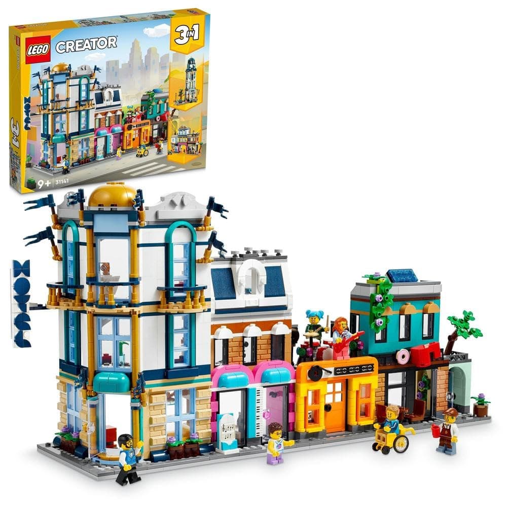 LEGO 31141 Creator 3in1 Main Street to Art Deco Skyscraper or Market Street Building Set, Building Toy with Model Hotel, Café, Apartments and Shops, Creative Construction Model Kit