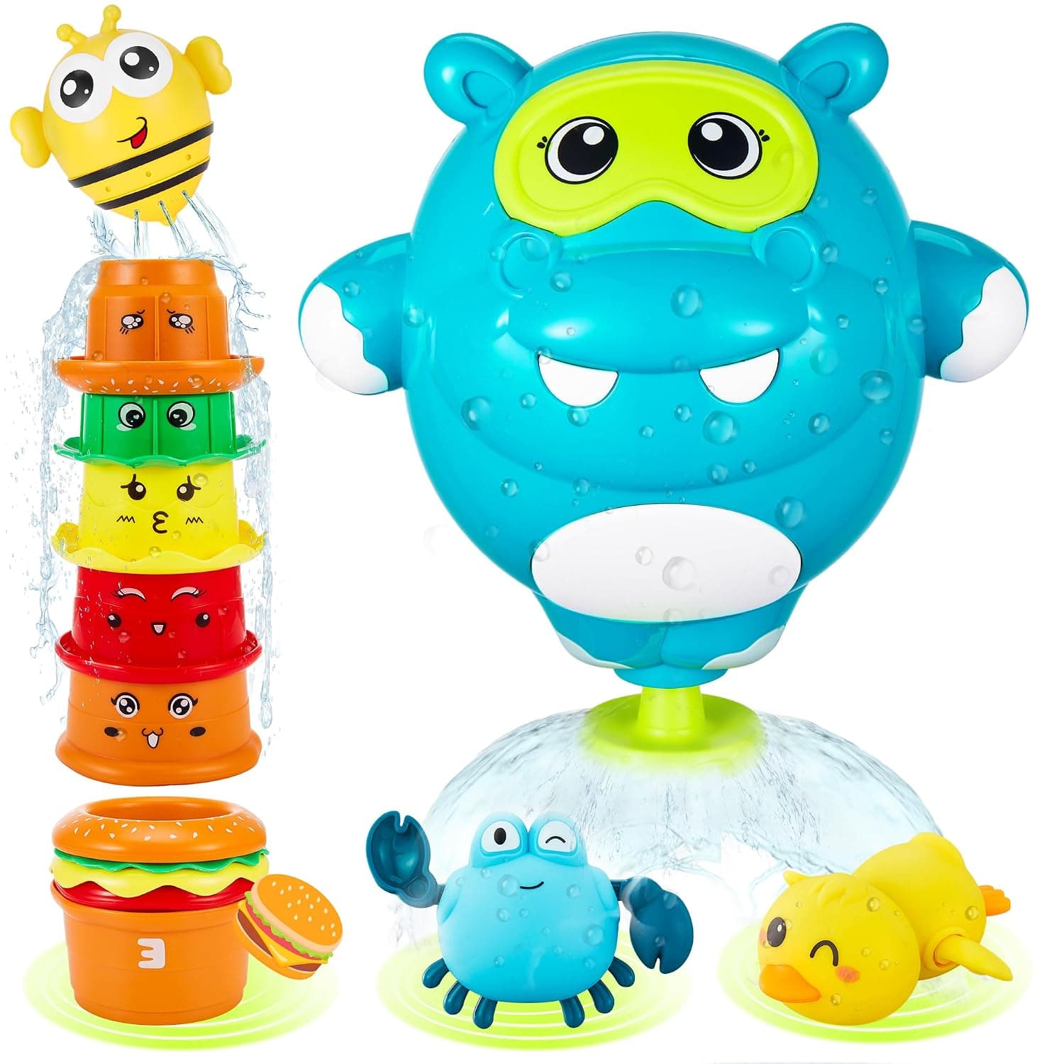 EKU Hippo Bath Toys for Toddlers Burger Stacking Cups Girl Boy Learning Gift, Emotion, Letter, No Mold Bath Time Wind Up Swimming Duck Crab Pool Bathtub Tub Shower Water Toy Baby Kids Infant Preschool