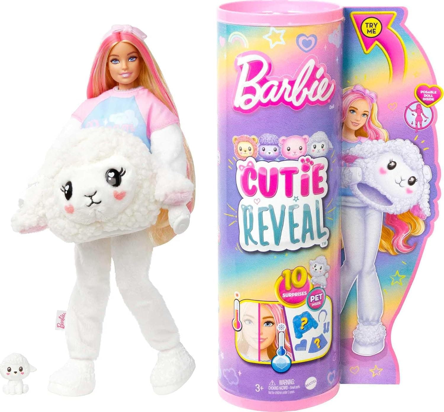 Barbie® Cutie Reveal™ Doll & Accessories, Cozy Cute Tees™ Lion, “Hope” Tee, Purple-Streaked Blonde Hair, Brown Eyes