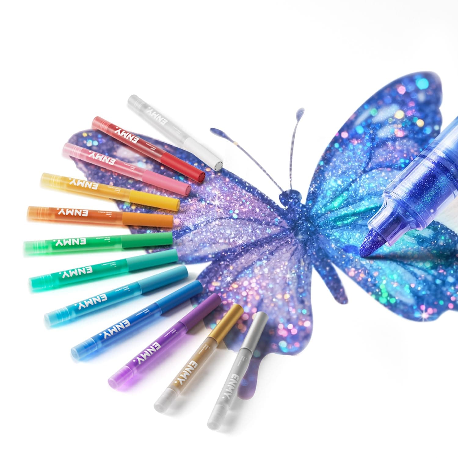 ENMY Glitter Markers in 12 Colors, Sparkling Acrylic Gel Pens, Glittery Metallized Pens, Fine Point Water-Based Ink for Drawing, DIY Crafts, Greeting Cards
