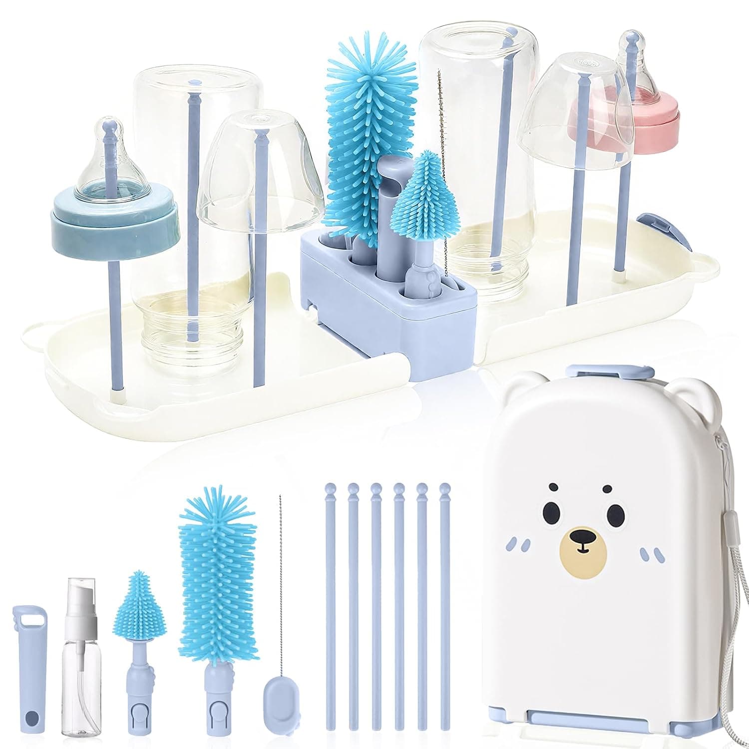 Baby Bottle Brushes for Cleaning Baby Bottle Cleaner Brush Travel Steriliser for Baby Travel Essentials with Silicone Bottle//Straw Brush Soap Dispenser Drying Rack for Baby Travel (Blue)
