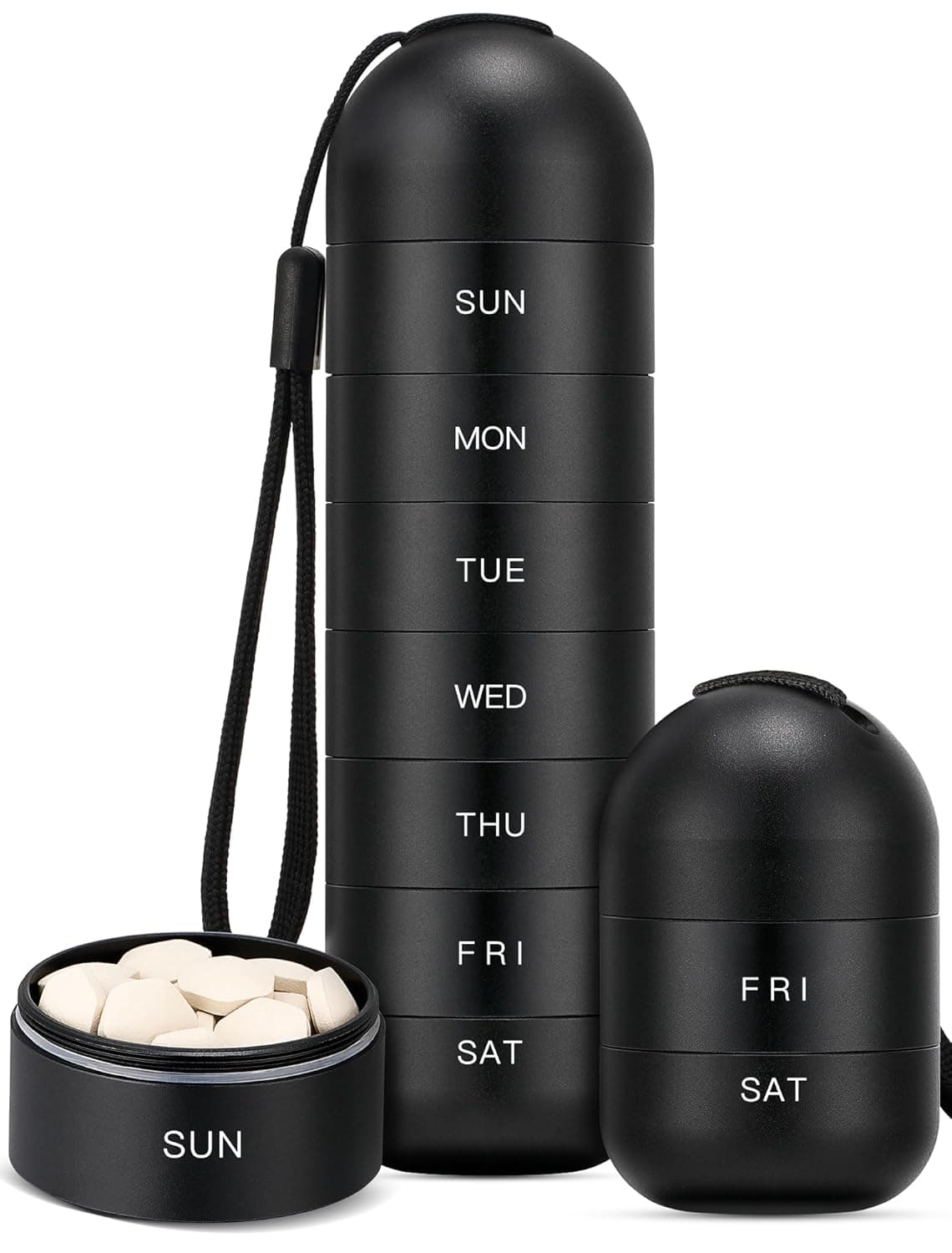 Zannaki Metal Moisture Proof Weekly Pill Organizer, Large Aluminum Alloy BPA Free Travel Hiking 7 Day Pill Box Case Waterproof and Stackable Compartment to Hold Pills, Vitamins, Fish Oil, Supplements