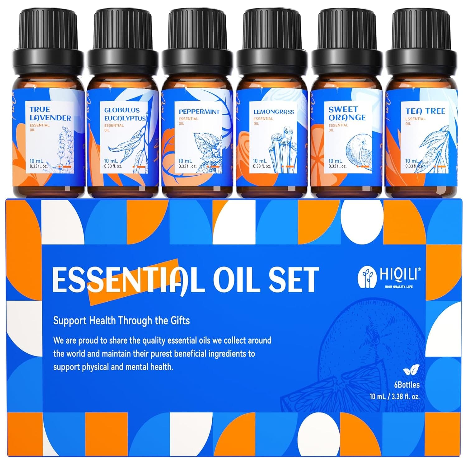 HIQILI Essential Oils for Home Diffusers, Best 6 Essential Oils Gift Set Includes Lavender, Orange, Mint, Tea Tree, Eucalyptus and Lemongrass, Starter Kit