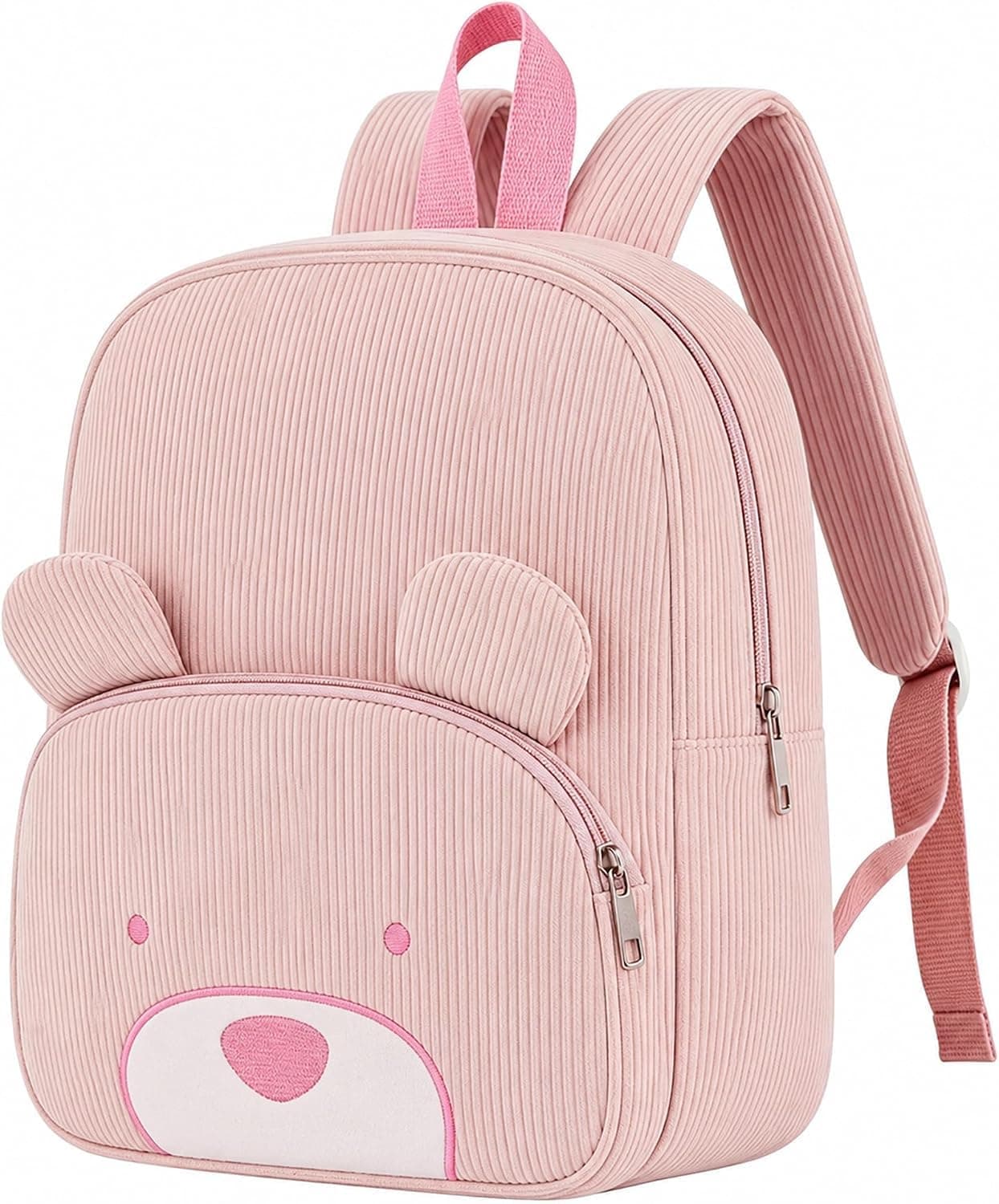 Corduroy Toddler Backpack, Cute 3D Bear Preschool Backpack for Boys & Girls, 12 Inch Mini Kids Travel Bookbag with Adjustable Straps, Kindergarten Daycare Bag for Toddlers Ages 2-6 (Pink)