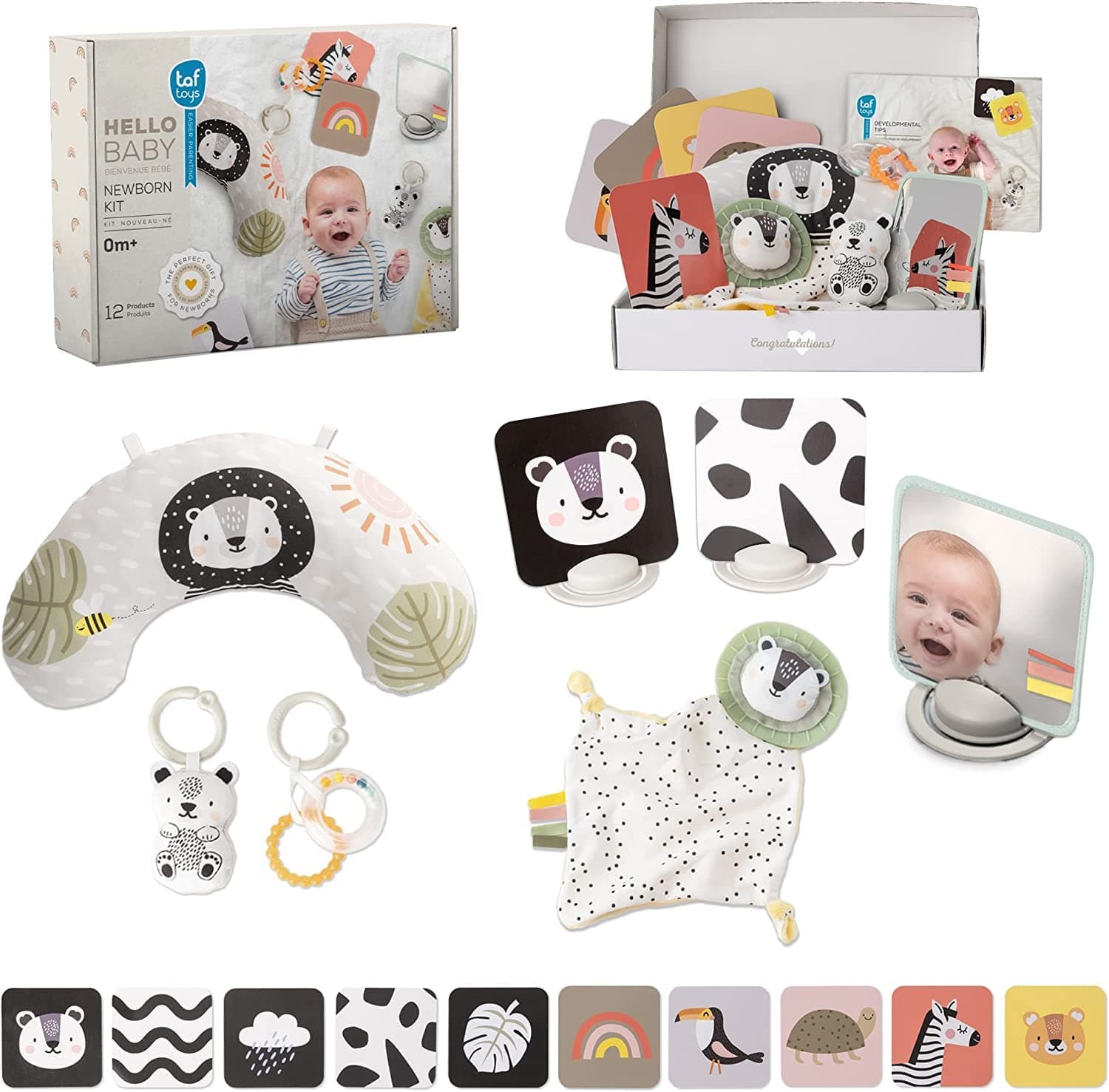 Taf Toys TAF12915 Newborn Gift Set. Development Kit Includes Tummy-time Pillow, Flash Card, Safe Mirror, Libby The Lion Cub and Rattle. Suitable for Baby Boys & Girls 0 Months +