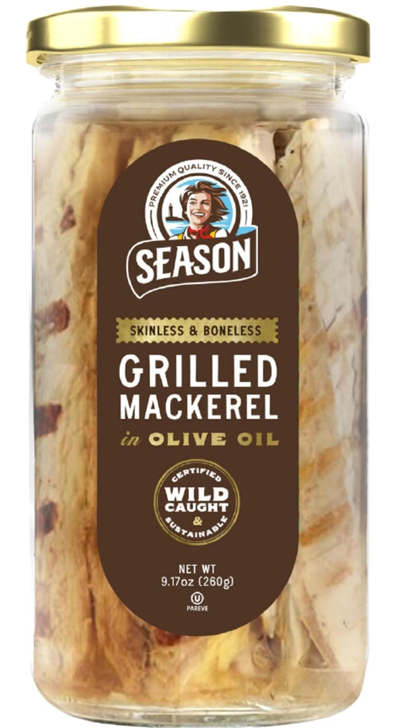 Season Grilled Mackerel in Olive Oil - Skinless & Boneless Mackerel Fillets, Wild Caught, Keto Snacks, Full of Vitamins, Low in Mercury, Kosher, Non-GMO, 22g of Protein - 9.17 Oz Glass Jar | Skinless & Boneless Mackerel Fillets, Wild Caught, Keto Snacks, Full of Vitamins, Low in Mercury, Kosher, Non-GMO
