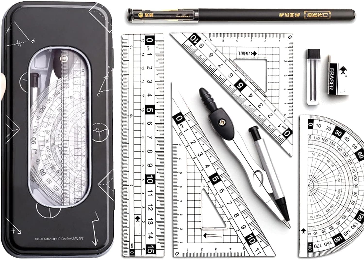X Spring Geometry Compass Set, 8 PCS Student Math Supplies for School Classroom, Metal Drafting Tools with Protractor Rulers Mechanical Pencil Eraser, Shatterproof Plastic Storage Case