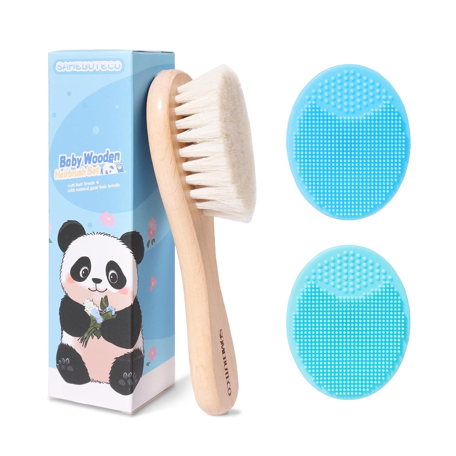 SAMEBUTECO Baby Hair Brush and Cradle Cap Brush Set Goat Hair Bristles Brush 2 Pieces Silicone Cradle Cap Brushes Wood Handle Newborn Brush Kit for Newborns and Toddlers 3 Packs