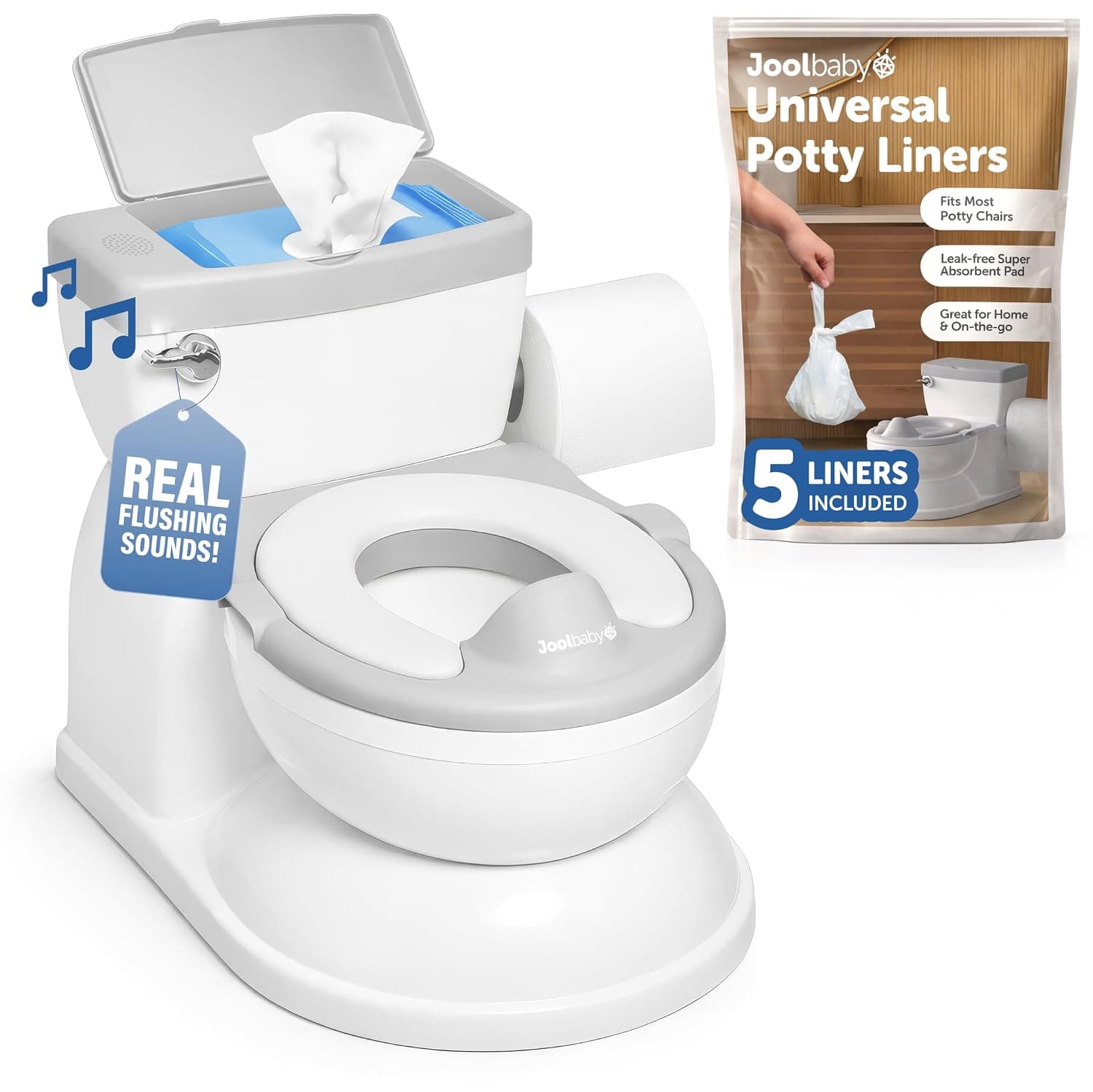 Real Feel 2-in-1 Potty with Wipes Storage, Flushing Sounds & Disposable Liners - Realistic Toilet - Easy to Clean & Assemble - Jool Baby (Gray)