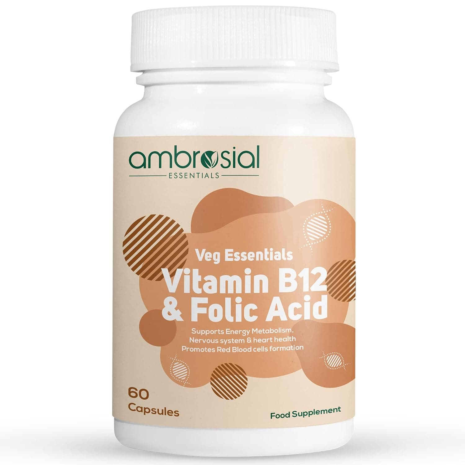 Ambrosial Vitamin B12 1000 mcg + 500 mcg Folic Acid | High Strength 1500 mcg b12 vitamin & Folic Acid |Reduction of Tiredness & Fatigue | B12 Supplement for Immune System & Energy | 60 Vegan Capsules