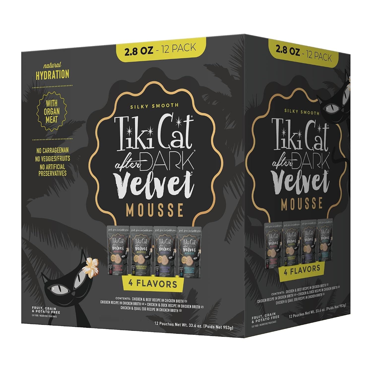 Tiki Cat After Dark Velvet Mousse Variety Pack, Complete Nutrition for Balanced Diet, Wet Cat Food for All Life Stages, 2.8 oz. Pouch (Pack of 12) | Silky Smooth Velvet Mousse Texture, High-protein, Real Chicken, Duck, Beef or Quail Egg, Organ Meat, Non-GMO, 12 Pack
