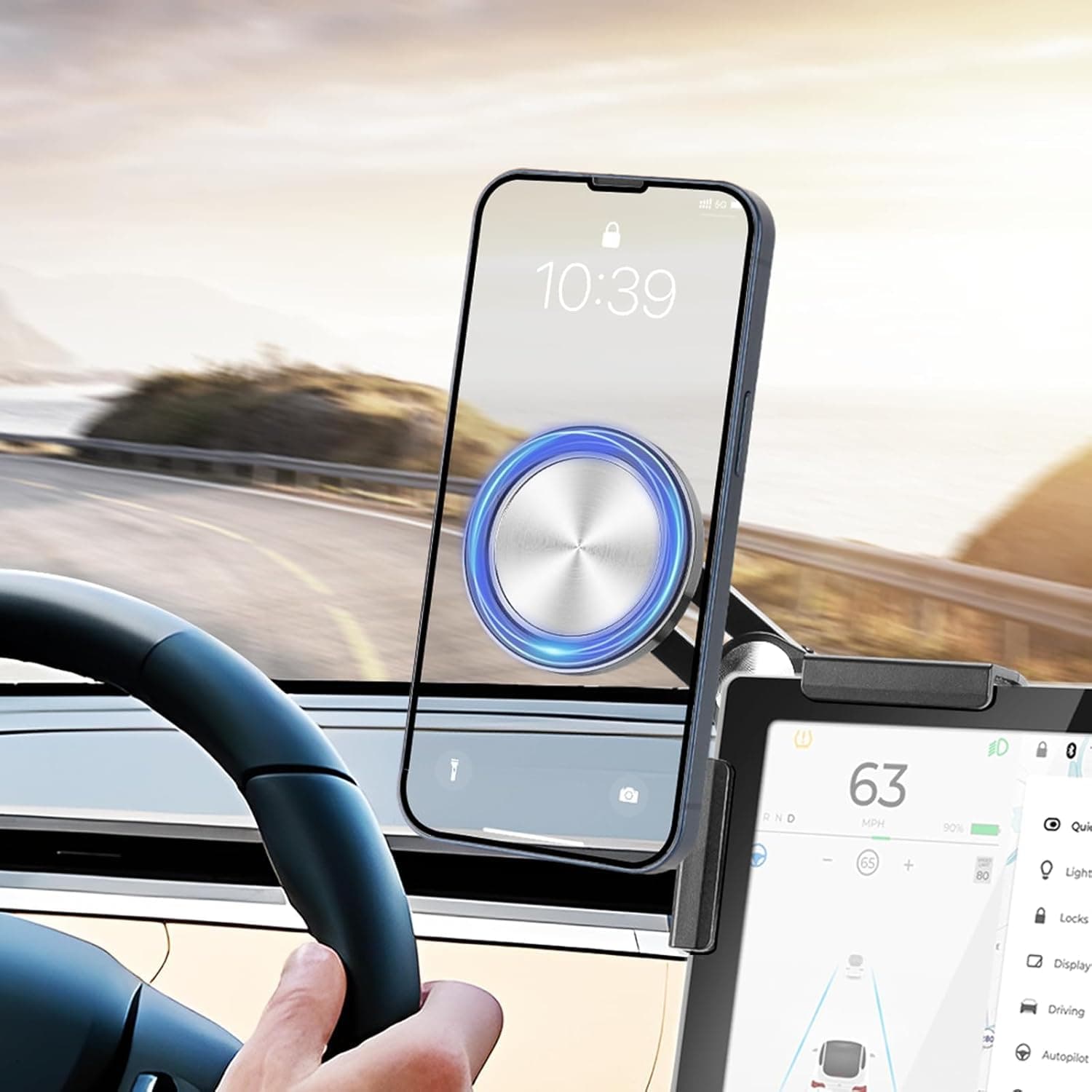 حامل جوال لتيسلا موديل 3/واي/سايبر تراك - اقوى حامل جوال مغناطيسي ماج سيف لشاشة تيسلا، حامل غير لاصق، متوافق مع جميع الموبايلات، اكسسوارات موديل 2025