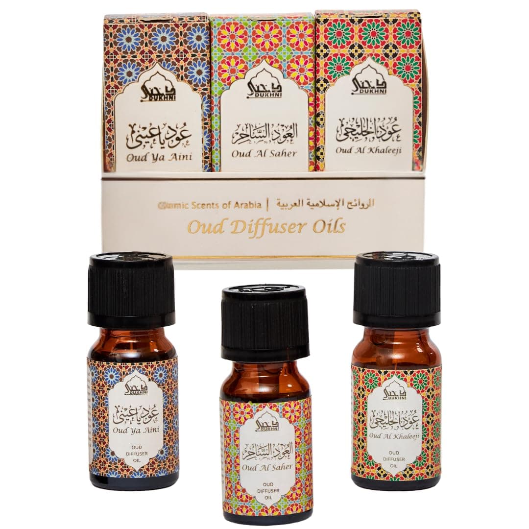 Arabian Oudh Diffuser Oil Set, Essential Oils by Dukhni | 3 x 10ml Oud Oil Gift Set for diffuser & humidifier | 100% Pure Halal Oils | Relax with home aromatherapy, for relaxation & massage | Assorted Oud Fragrance Oil for Electric Burner, Oil Diffuser | For Aromatherapy, Relaxation & Massage | Muslim Gifts
