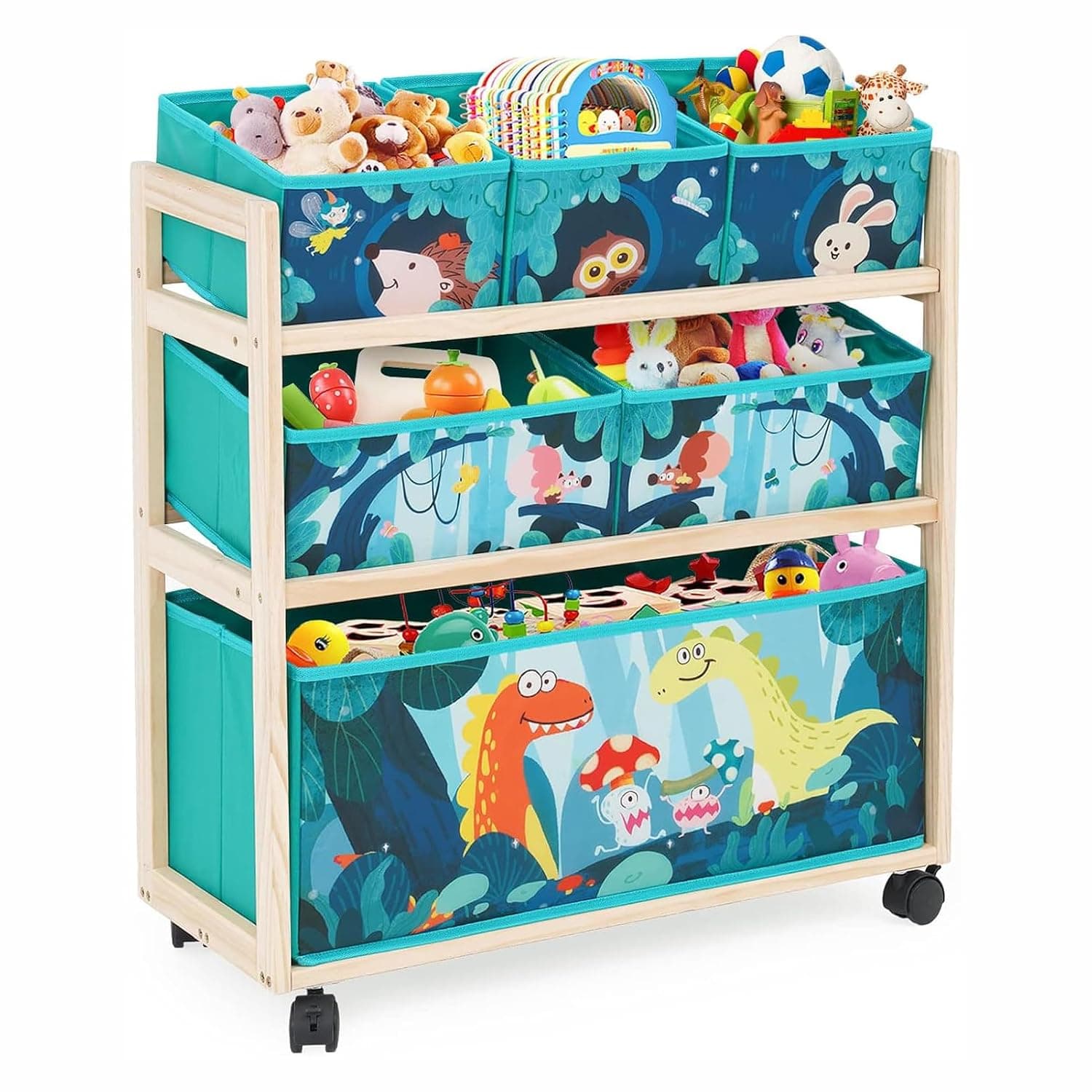 U HOOME Kid Toy Storage Organizer Shelf and Storage Bins, 3-Layer Solid Wood Toy Storage Cabinet with 6 Detachable Storage Bins for Kids' Playroom Essentials Extra Large Capacity for Nursery Kids Room