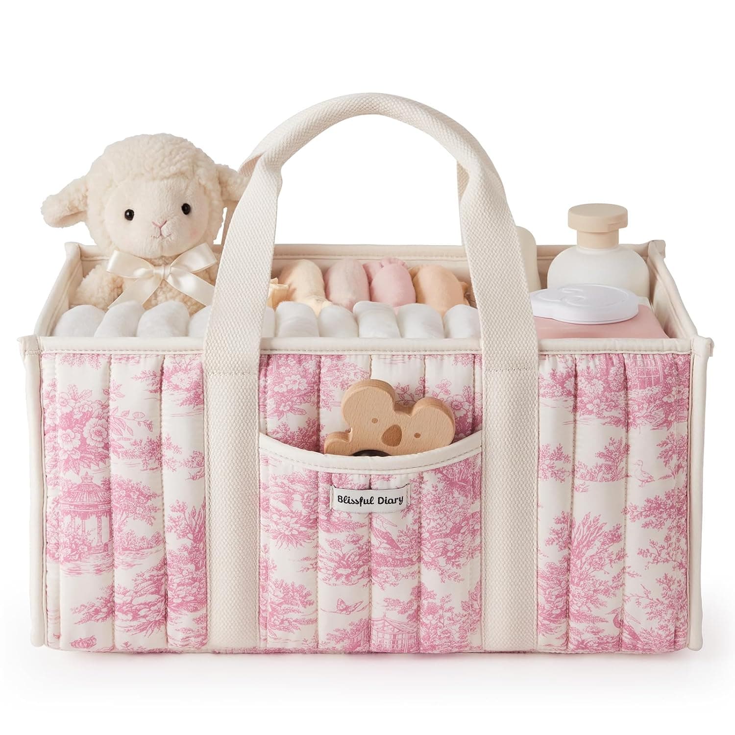 Blissful Diary Toile Diaper Caddy Organizer, Stylish Nursery Storage Basket, Gift for Baby Shower, Newborn Essentials, Registry Search Must Haves, Pink Toile