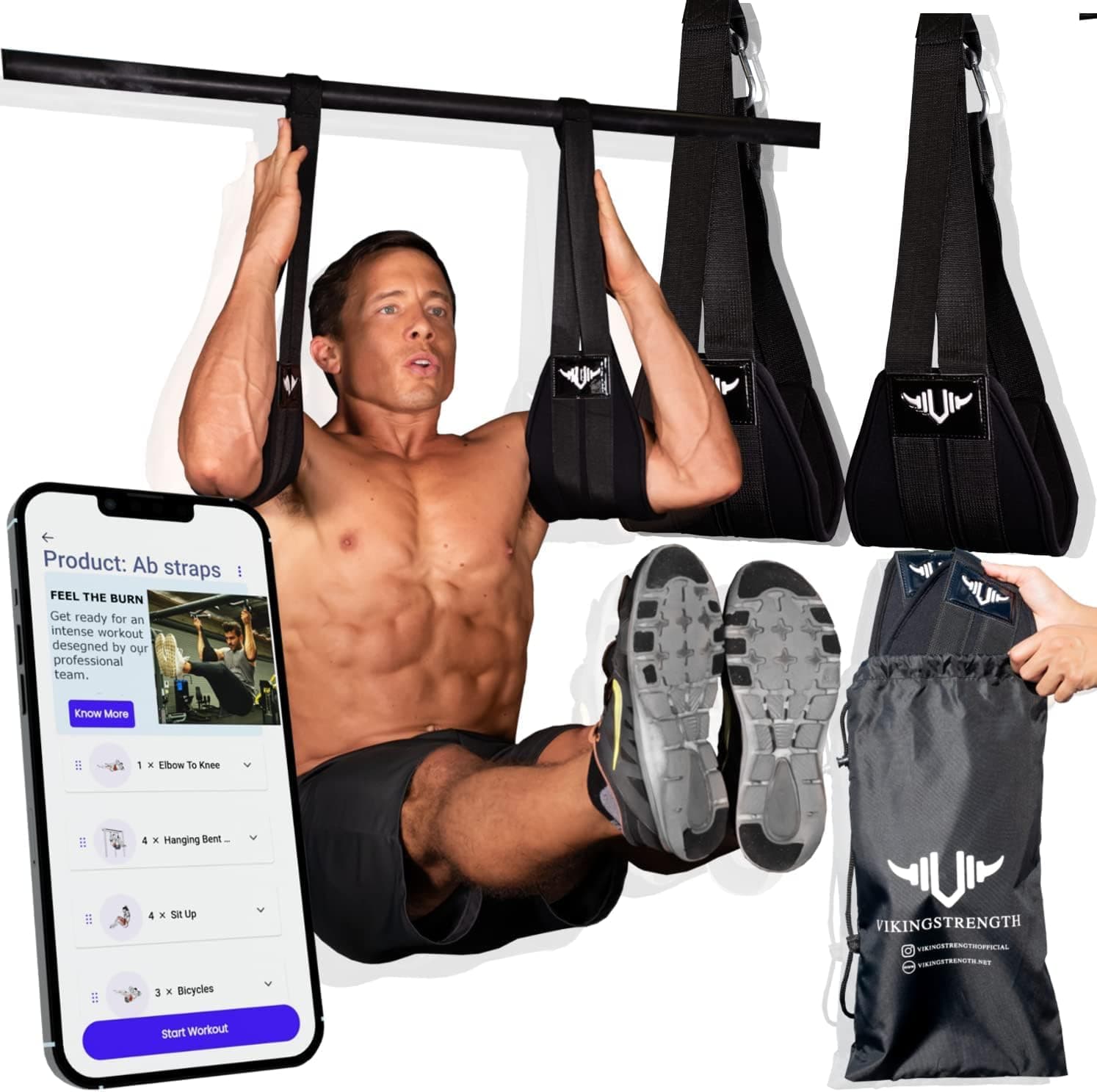 Vikingstrength AB straps - Premium Padded Home Gym Exerciser Ab Slings pair for pull up bar - Hanging Leg Raiser Fitness for six pack - Workout Equipment for Men & Women, Bag and V-Strength Workout