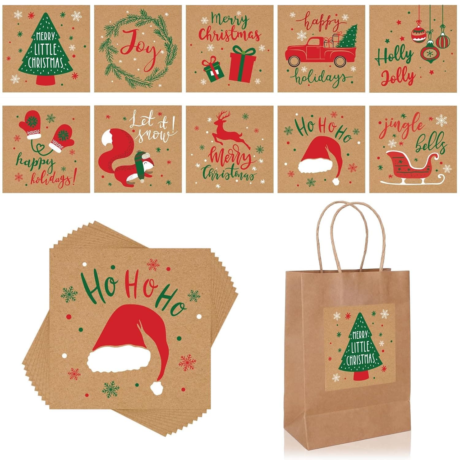 AnyDesign 50Pcs Christmas Kraft Paper Tags Stickers Labels Self-Adhesive Xmas Tree Santa Hat Printed Tag Stickers Festive Winter Holiday Decorations for Gift Wrapping Envelope Sealing
