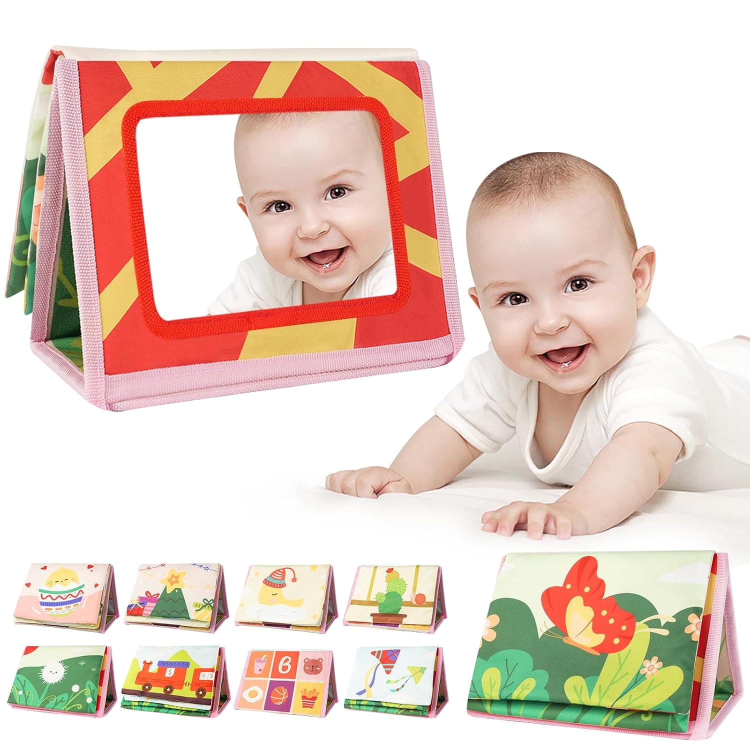 Aolso Baby Mirror with Crinkle Book, Baby Toy 0-9 Months, Foldable Baby Mirror Toy, Perception Learning Toy for Newborns, Gifts for Babies, Colourful