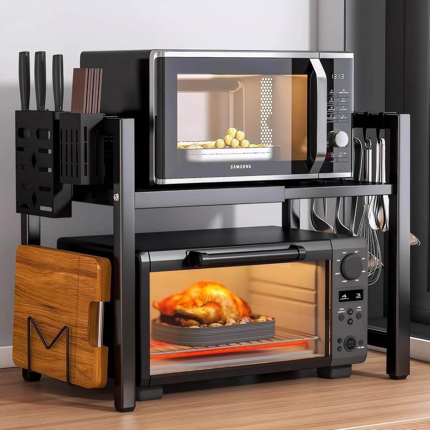 Expandable Microwave Oven Rack | Adjustable Stand with Storage Shelf, 6 Hooks, and Cutting Board Holder | Heavy Duty Kitchen Organizer