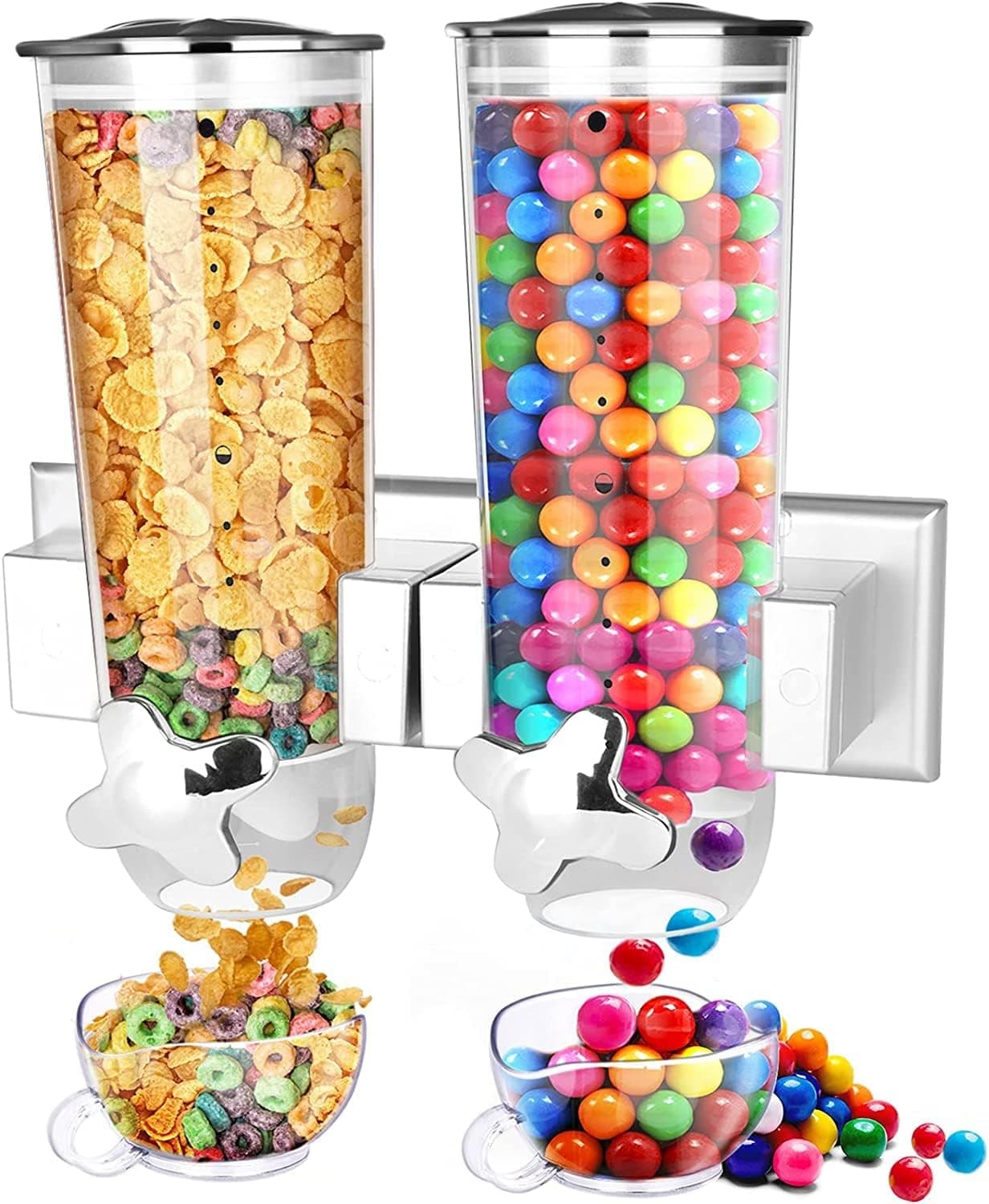 Cereal Dispenser Wall Mounted, Large Grains Dispenser Wall Mounted Dry Food Dispenser with 2 Cups Wall Mounted Candy Dispenser forCoffee Beans Nut Snacks Kitchen Cereal Container Storage 3 L (silver)