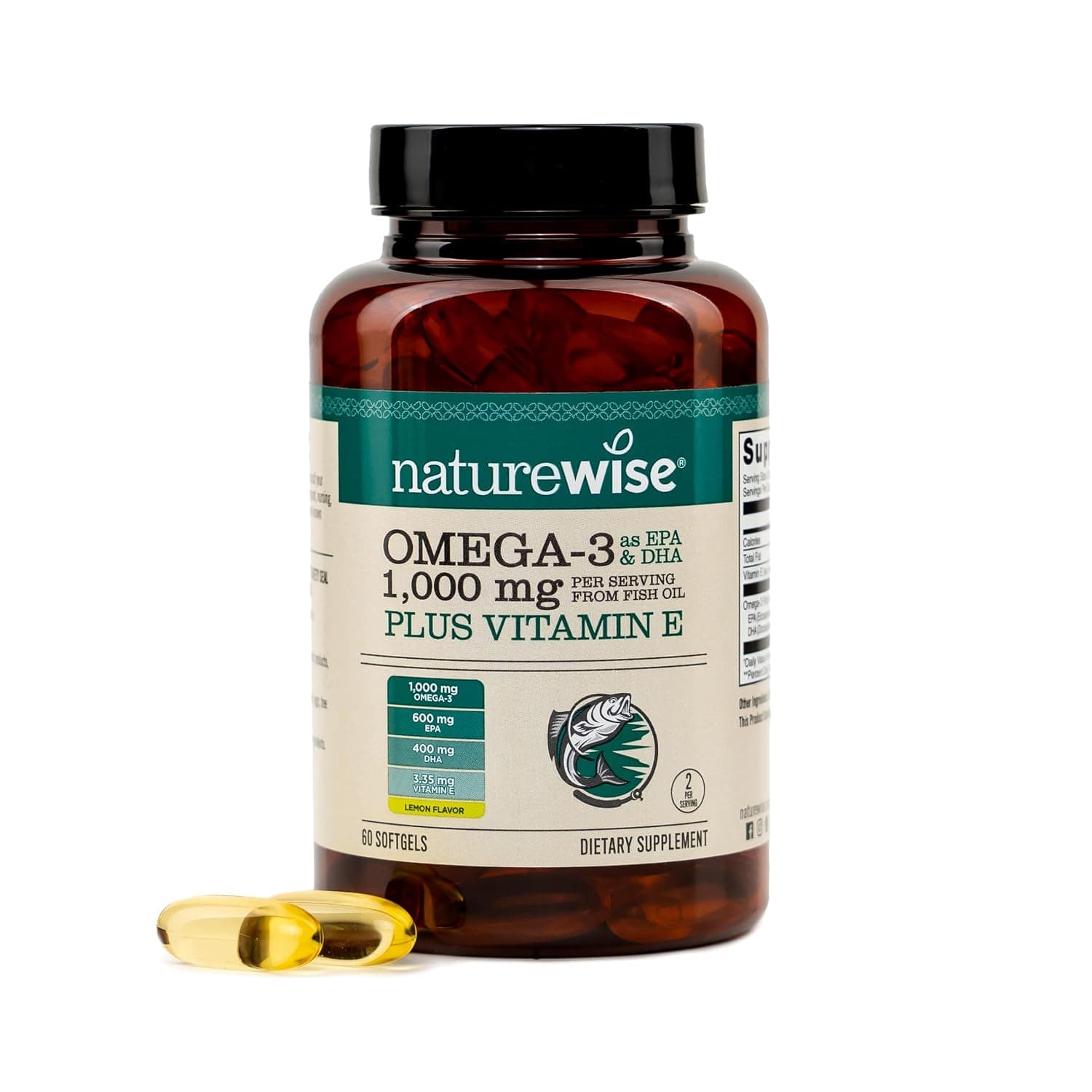 NatureWise Extra-Strength Omega 3 Fish Oil Supplement - 1000mg per Serving - 600 EPA & 400 DHA and Vitamin E - Support for Heart & Brain Health - Lemon Flavor, Non-GMO - 60 Softgels[1-Month Supply]