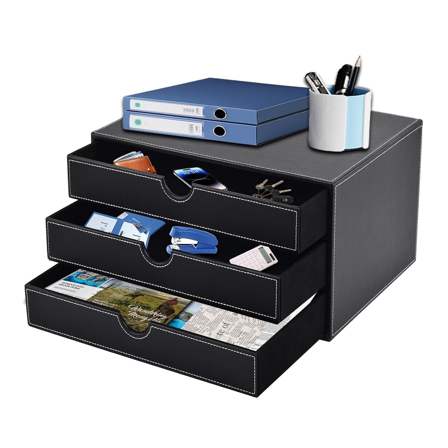 PU Leather Handmade Desk Organizer,Executive Office Supplies Storage Box with 3 Drawer Stackable for A4 File Jewelry Bill Cosmetic,Heightened Size Inside Space 12.2X9.4X1.7in,Black