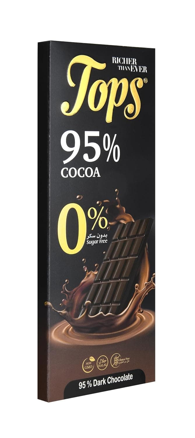 Tops Sugar-Free 95% Dark Chocolate Bar – 60G | No Added Sugar, Extra Intense Cocoa Flavor, Keto & Diabetic-Friendly, Premium Ultra-Dark Chocolate