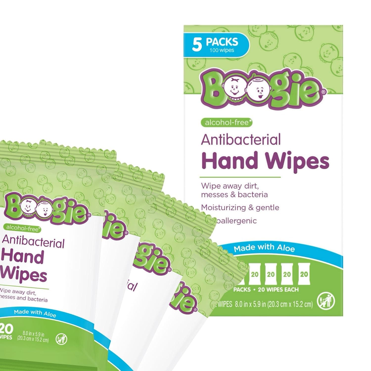 Antibacterial Hand Wipes by Boogie, Alcohol Free, Hypoallergenic and Moisturizing Aloe, Hand Wipes for Kids and Adults, 5 Packs of 20 (100 Total Wipes) | Hypoallergenic & Alcohol-Free, Travel and Diaper Bag Essential