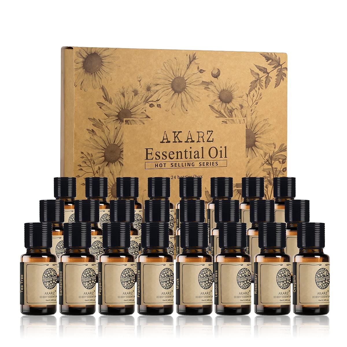 AKARZ 24 Packs Essential Oils Set, 24x10ml Aromatherapy Oils for Diffuser, Candle & Soap Making - Premium Variety Kit - Gift Set