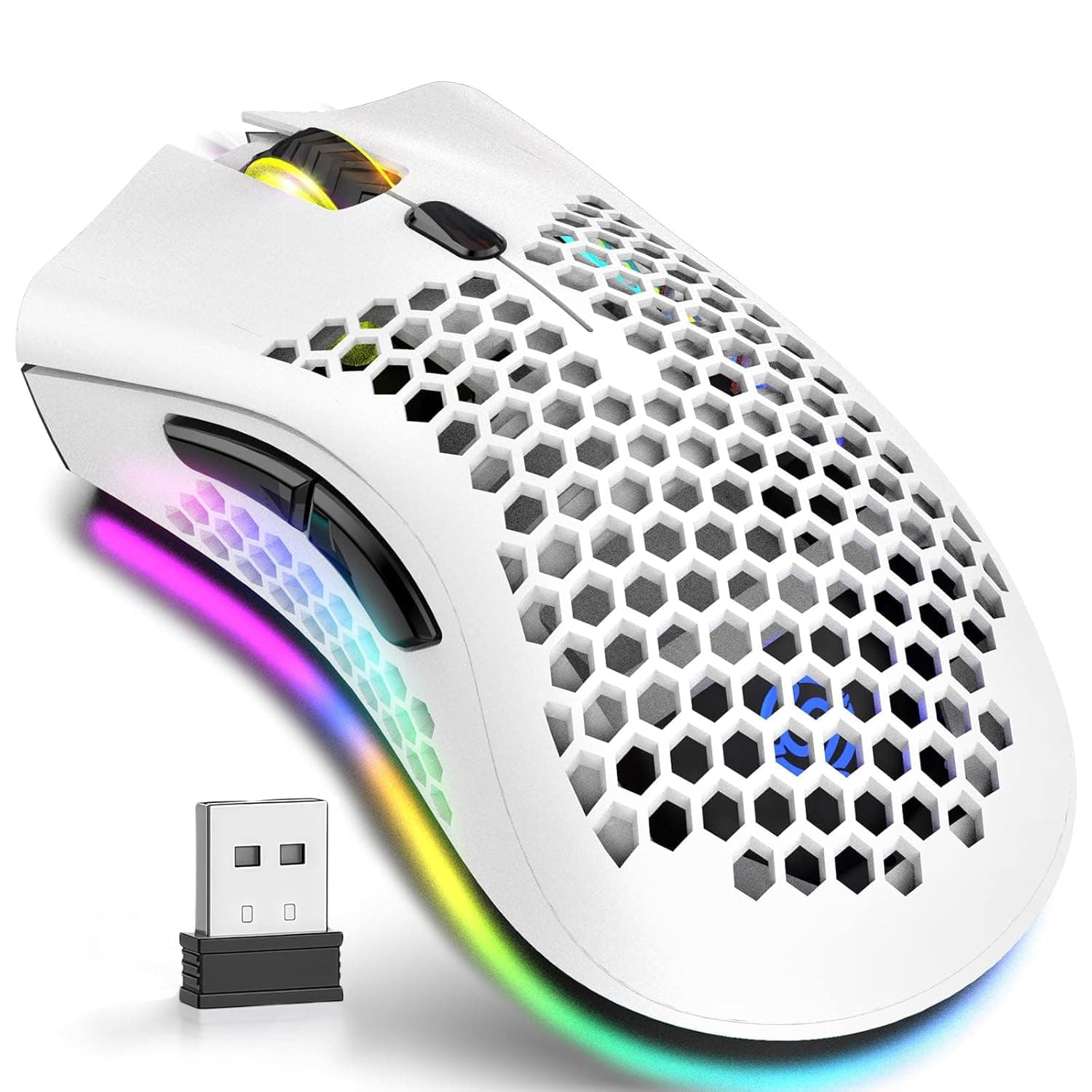 Wireless Gaming Mouse - 6 Programmed Buttons, 3 Adjustable DPI, Silent Click for Laptop PC Mac, Ergonomic RGB Optical Gamer Mouse with Honeycomb Shell (White)