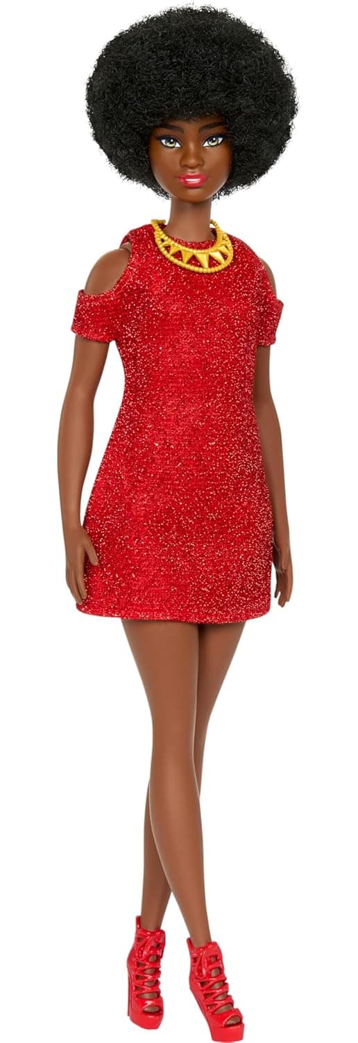 Barbie Fashionistas Doll #221 with Natural Black Hair Wearing Removable Red Dress & Accessories, 65th Anniversary Collectible Fashion Doll