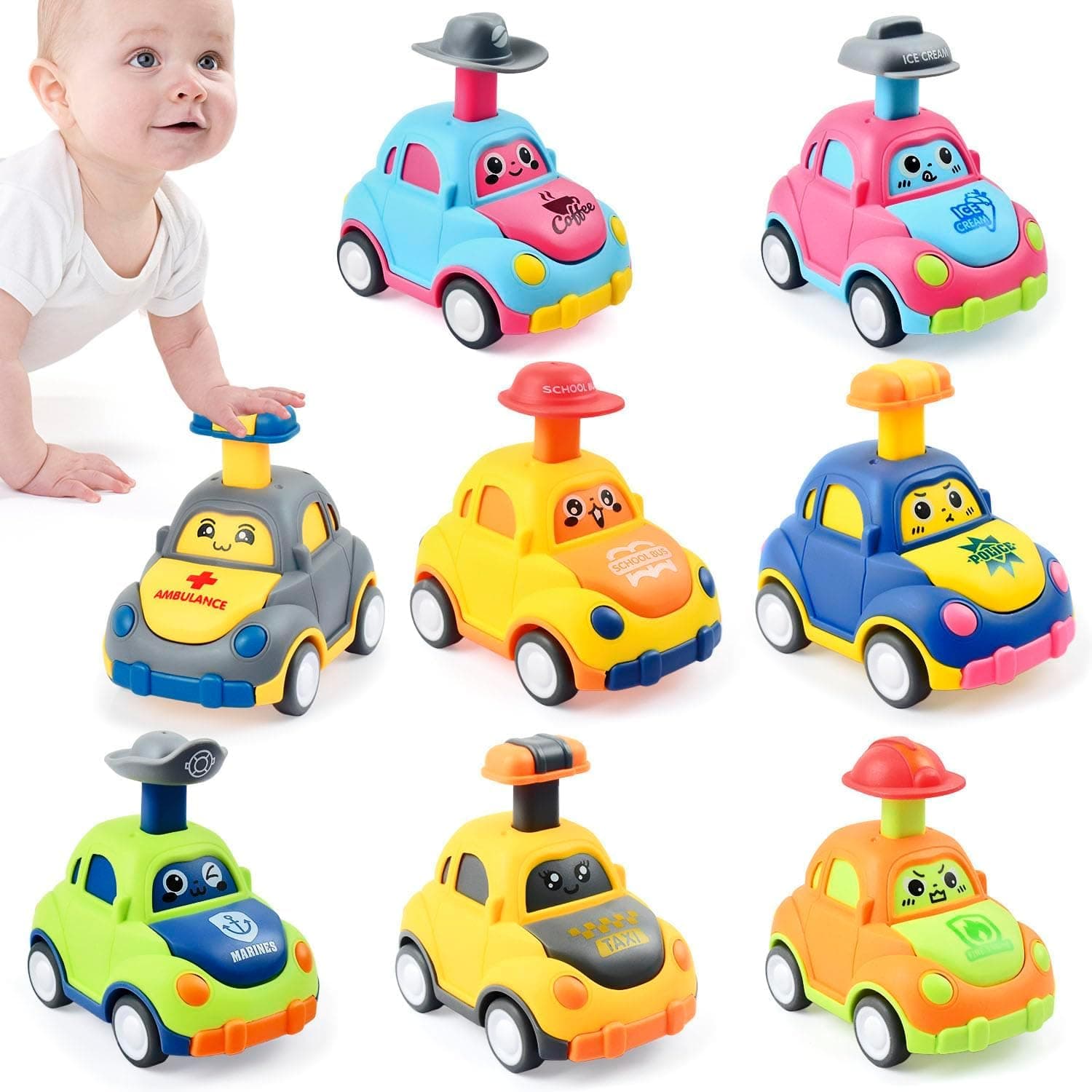 8 Pack Press to Go Car Toys for Toddlers 1-3, Baby Car Toys for 9-18 Months, Educational Infant Play Vehicle Set Toys Baby Push Go Friction Car Toys1st Birthday Gifts for Boys Grils