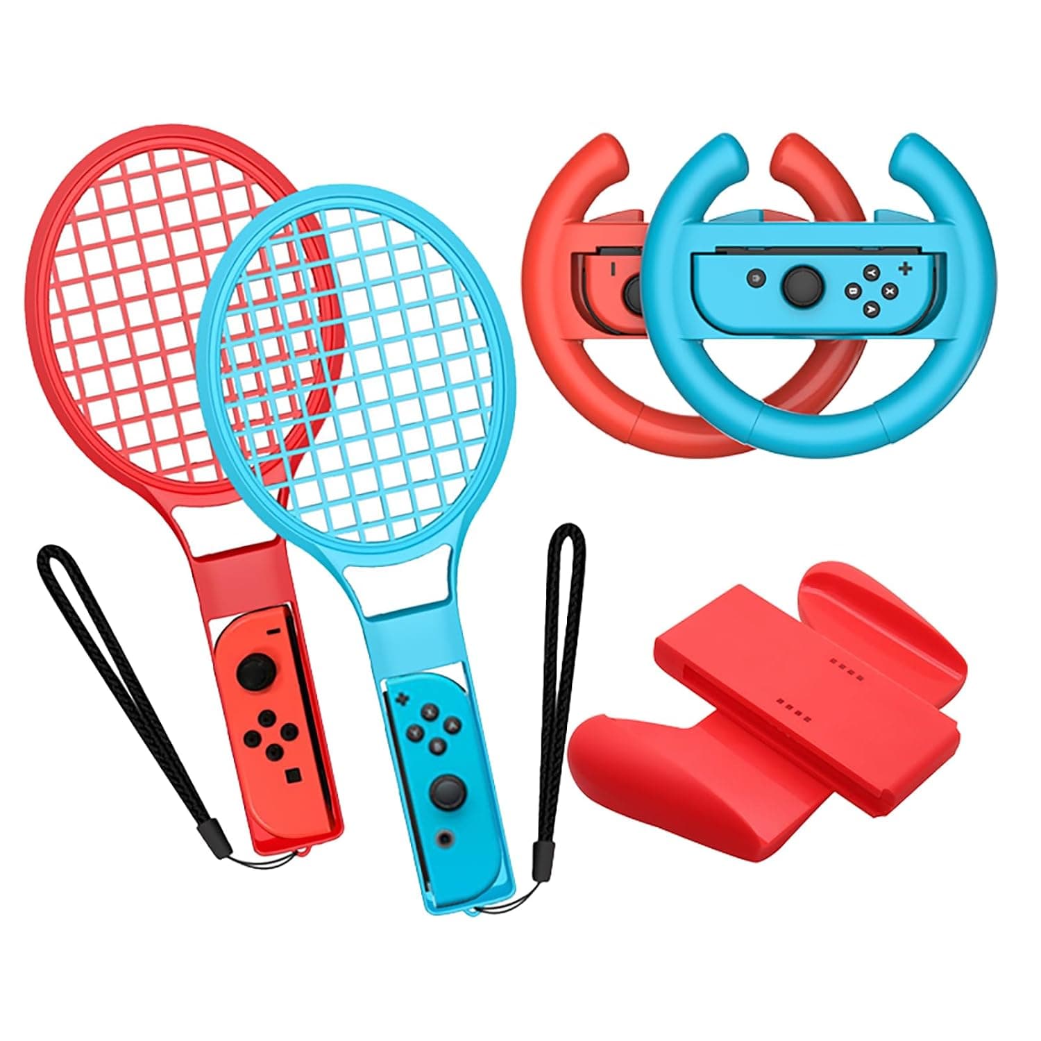 5-in-1 Racing Wheel & Sports Grip Set for NS OLED, Includes Steering Wheel Holder, 2 Joy-Con Grips, 2 Tennis Racket Attachments, Red and Blue