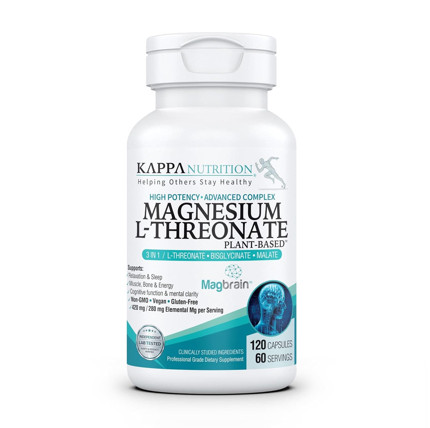 (120 Capsules), 2,253mg Per Serving, Providing 420mg Elemental Magnesium, L-Threonate, Bisglycinate Chelate, Malate, for Brain, Sleep, Stress, Cramps, Headaches, Energy, Heart, from Kappa Nutrition.