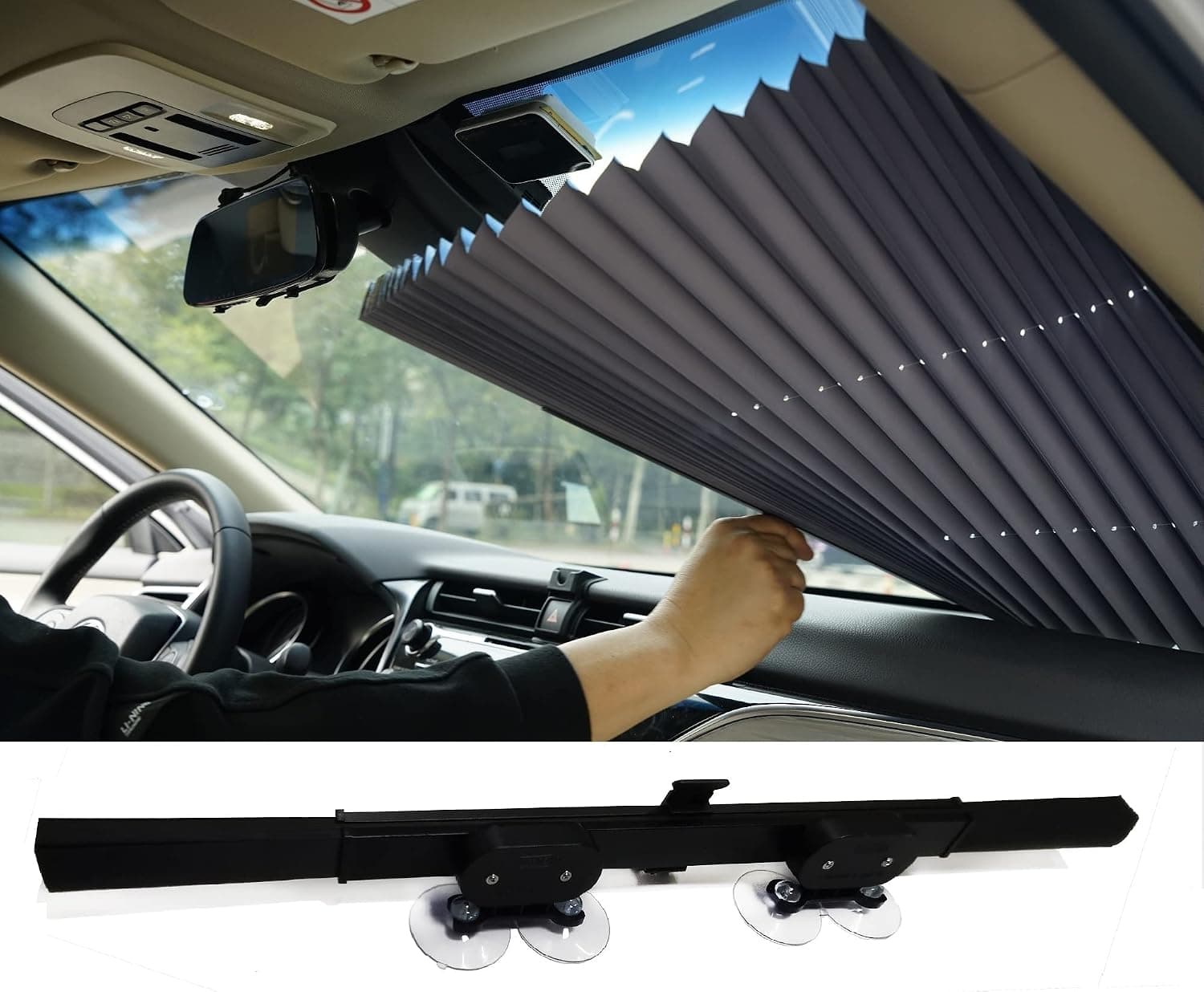 Retractable Windshield Sun Shade for Car, Double Suction Cups for Durable Suction Power, Easy to Install and Use, Universal Car Sun Shades Keep Your Vehicle Cool