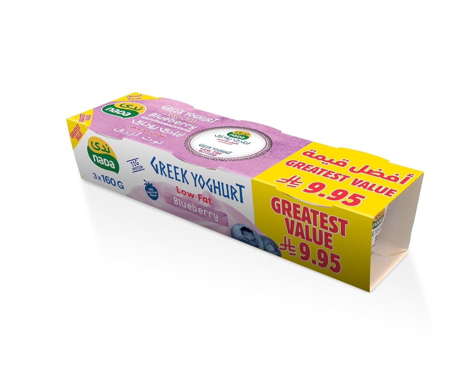NADA Yoghurt Greek Style Blueberry Low Fat 160 g, Pack of 3, KSA
